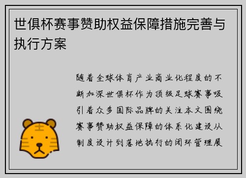 世俱杯赛事赞助权益保障措施完善与执行方案
